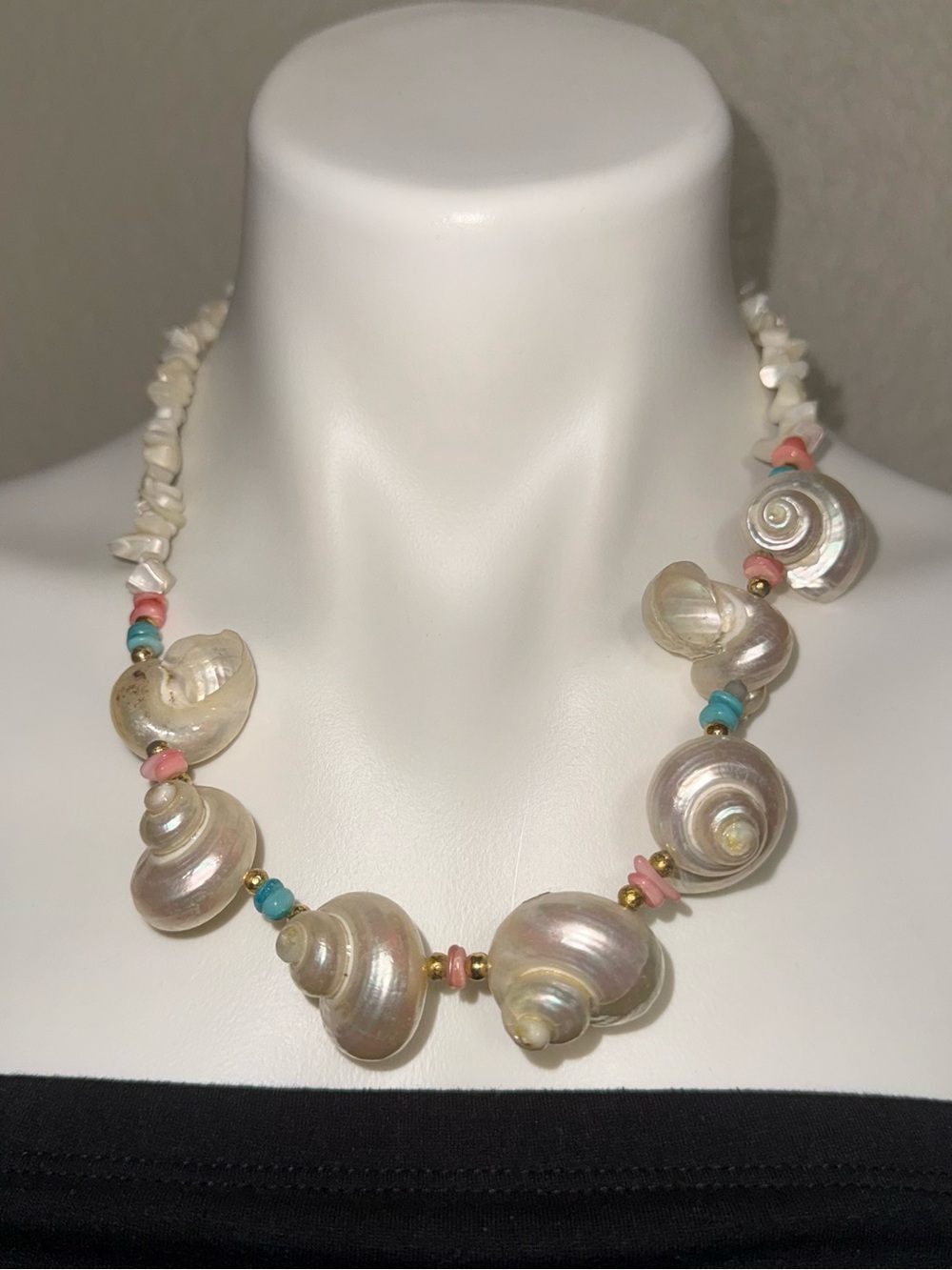 Vintage Iridescent Shell Necklace with Pink and Turquoise Accents
